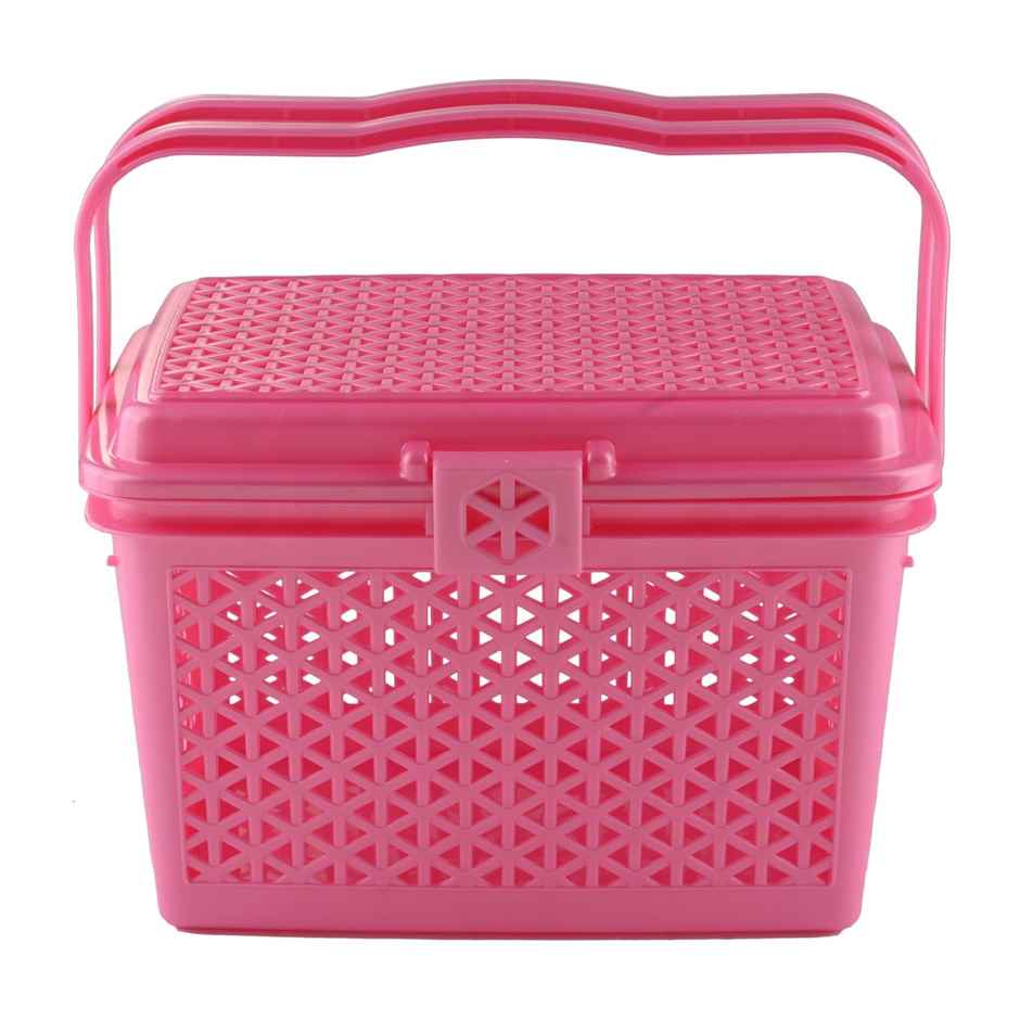 Kuber Industries Plastic Multipurpose Trendy Shopping Big Basket with Lid (Pink)