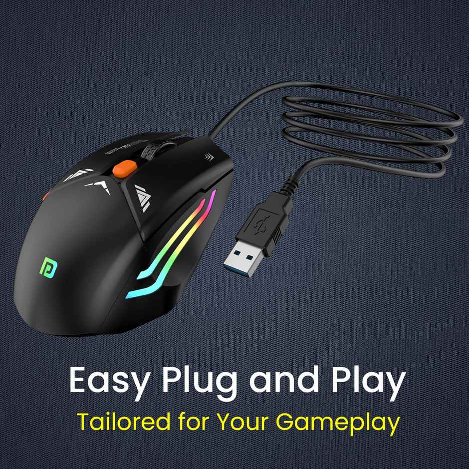 Portronics Vader Wired Gaming Mouse with 6 Buttons, Thumb Support, Adjustable DPI (6400 Max), RGB Light Effects, Ergonomic Design, 1.5 m Long USB Cable for Laptop & PC - Black