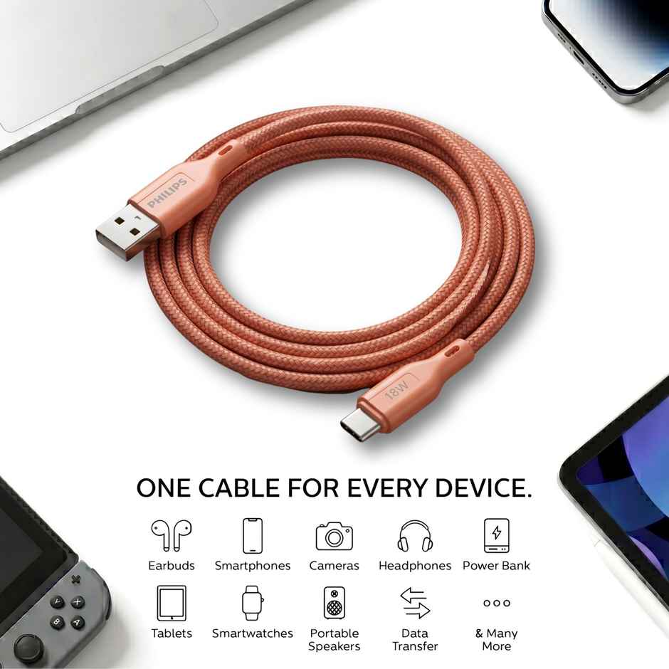 Philips 18W USB A to Type C Fast Charging Cable | DLC4130AR94 | Coral Reef | 1 m