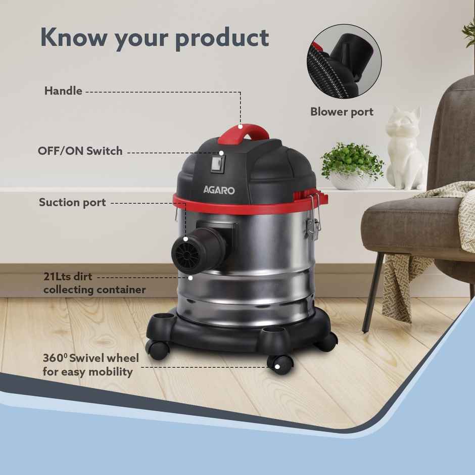 Agaro Ace 1600 Watts, 21.5 Kpa Suction Power Stainless Steel Vacuum Cleaner With Blower Function