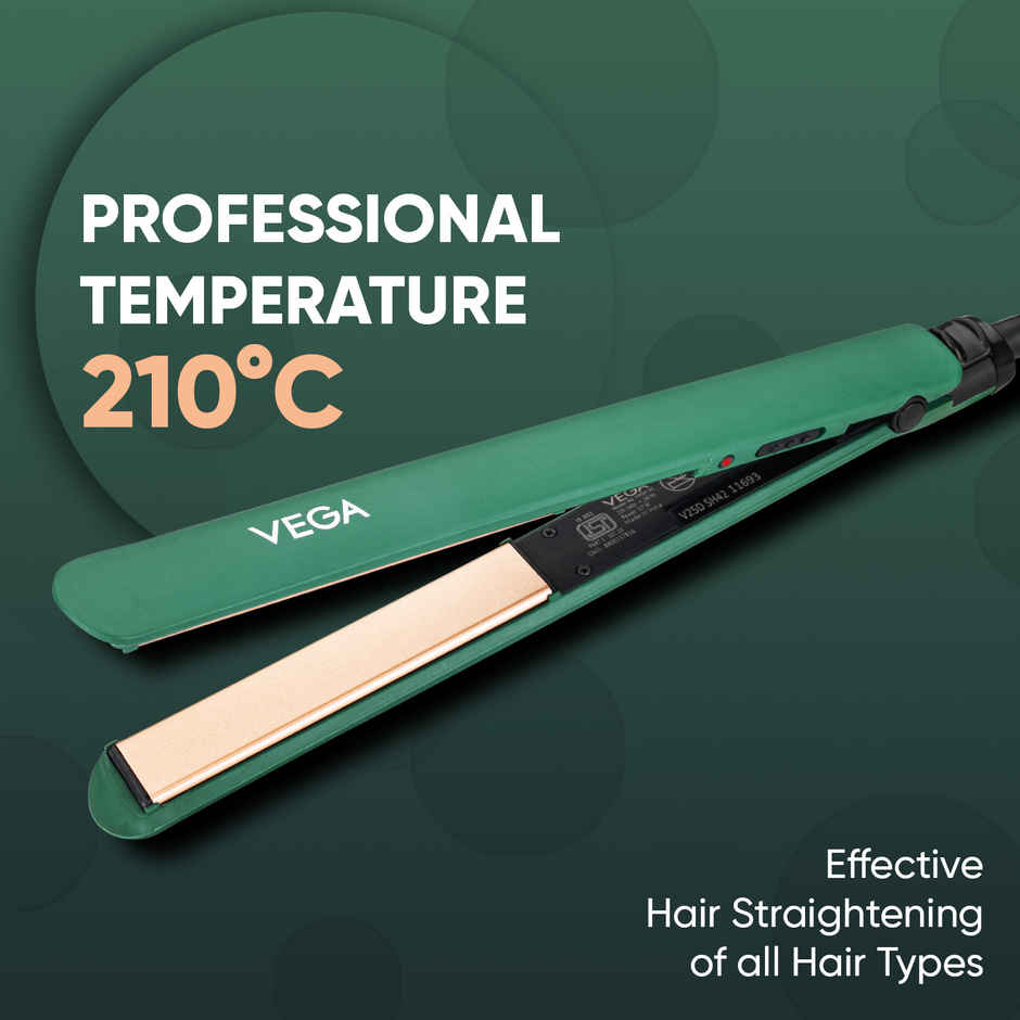 Vega Salon Smooth Hair Straightener for Women with Quick Heatup, 1 Year Warranty, Green (VHSH-42)