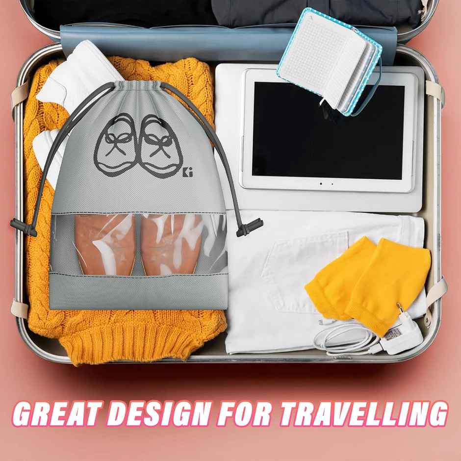 Kuber Industries Non Woven Pack of 12 Shoe Cover/String Bag Organizer Transparent Window | Grey