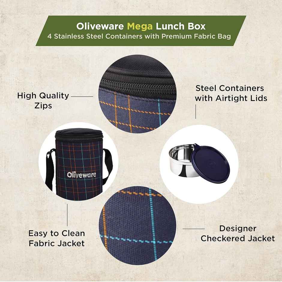 Oliveware Mega Lunch Box, 4 Stainless Steels- Blue