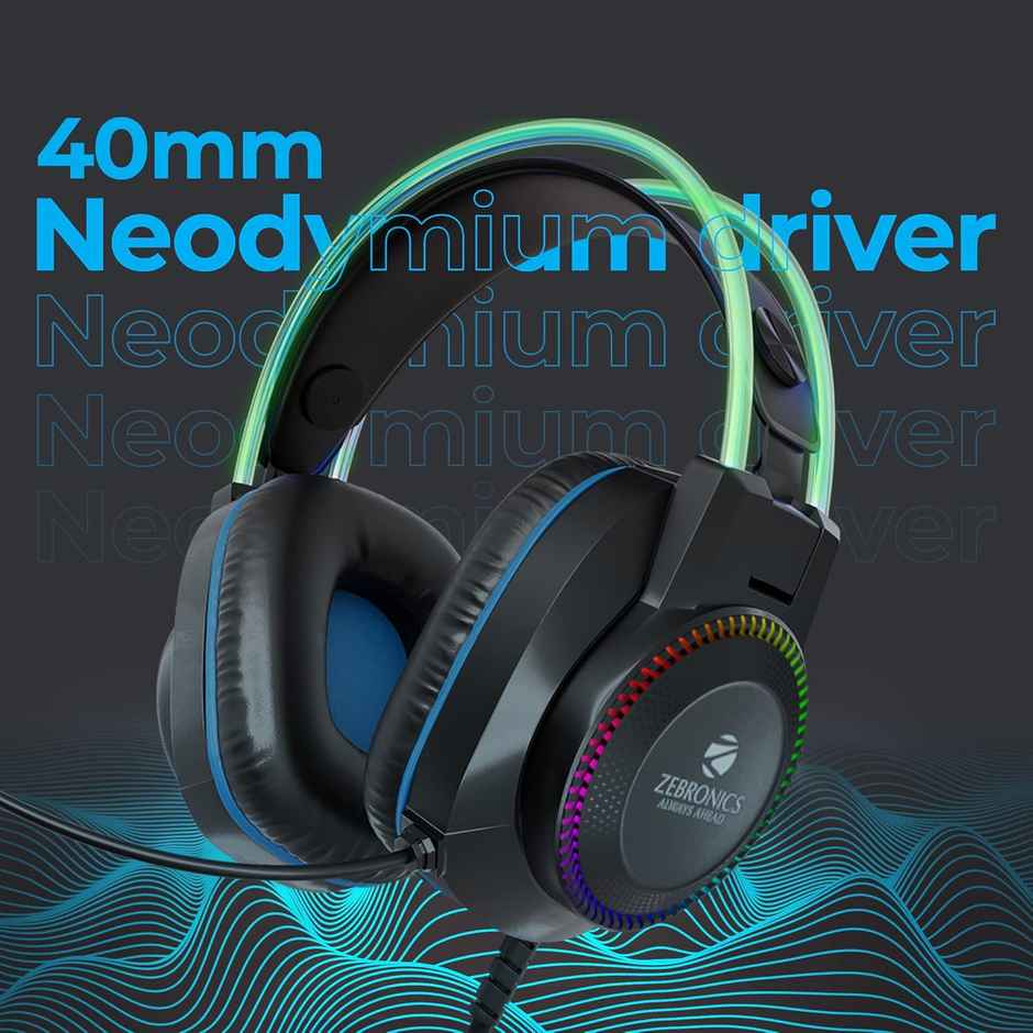 Zebronics Jet PRO Premium Wired Gaming On Ear Headphone with LED for Headband + earcups, 40mm Neodymium Drivers, 2 Meter Braided Cable, with mic, Suspension Design, 3.5mm + USB Connector - Black, Blue