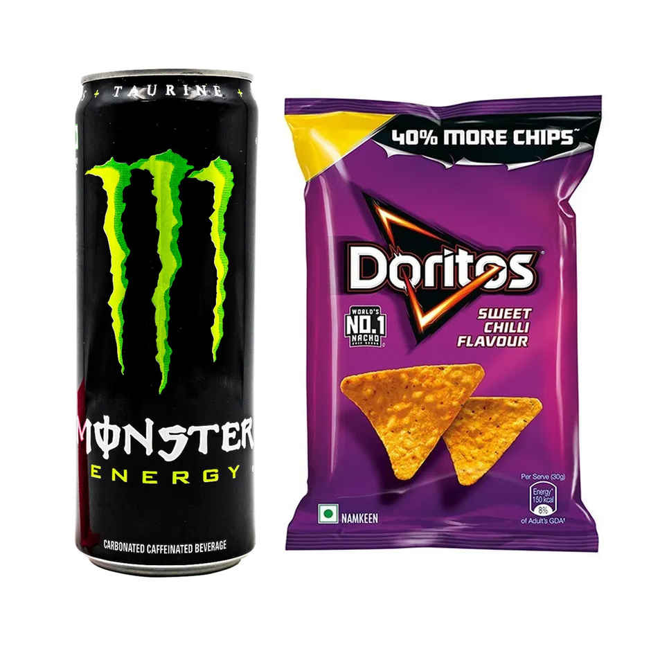 Monster Energy Drink 350 Millilitre(350ml) & Doritos Nacho Chips : Sweet Chilli Flavour 168 Gm(6pc) Combo