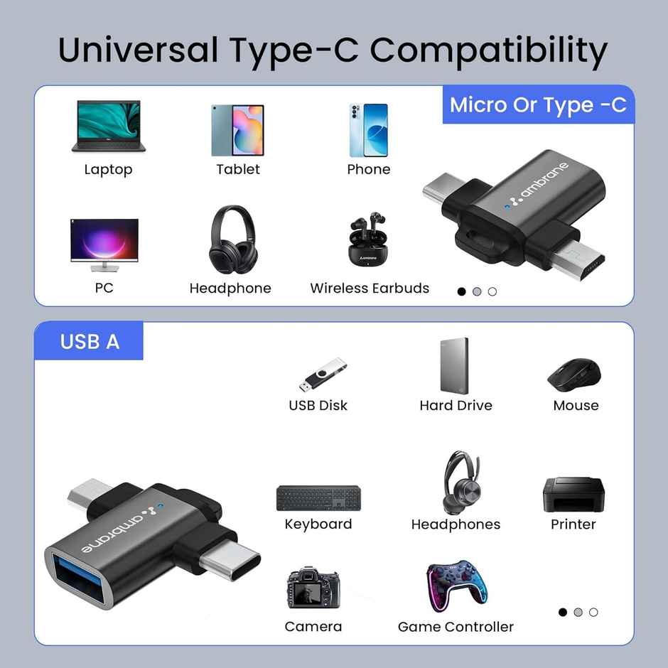 Ambrane 2 in 1 OTG Adapter Micro USB+USB Type C to USB Female Connector, OTG Pen Drive Adapter to Mobile Connector Type C, Compatible with All Devices - Black