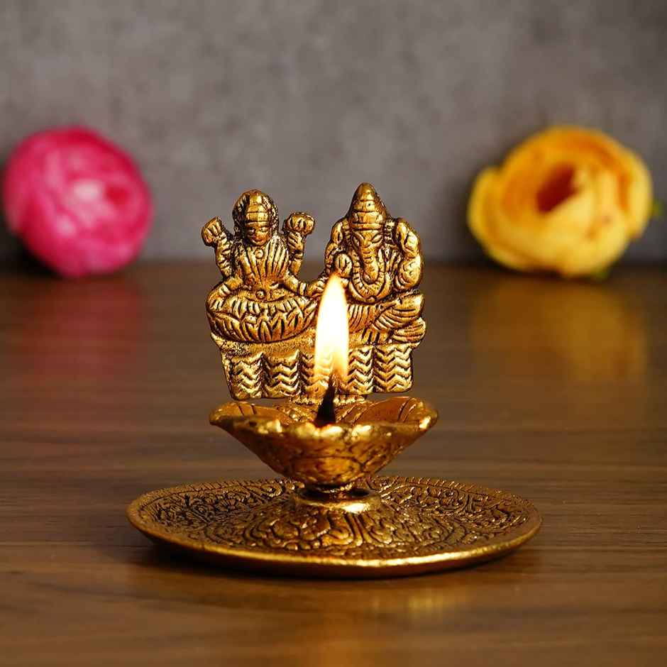 Ecraftindia Goddess Laxmi & Lord Ganesha Golden Metal Diya