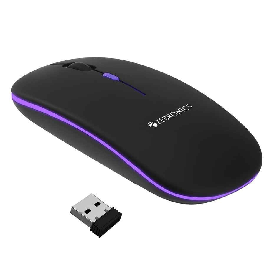 Zebronics Blanc Slim Wireless Mouse with Rechargeable Battery, BT + 2.4GHz, 4 Buttons, 800/1200/1600 DPI, Silent Operation, Multicolor LED Lights - Black