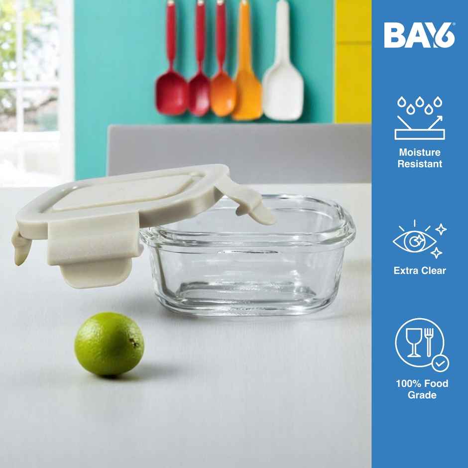 BAY6 Premium Imported Borosilicate Glass Container with Lid 120 ml - Rectangle - Beige