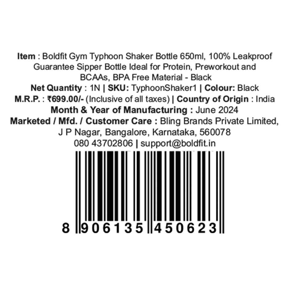 Boldfit Gym Typhoon Shaker Bottle | 700 ml | 100% Leakproof | Black