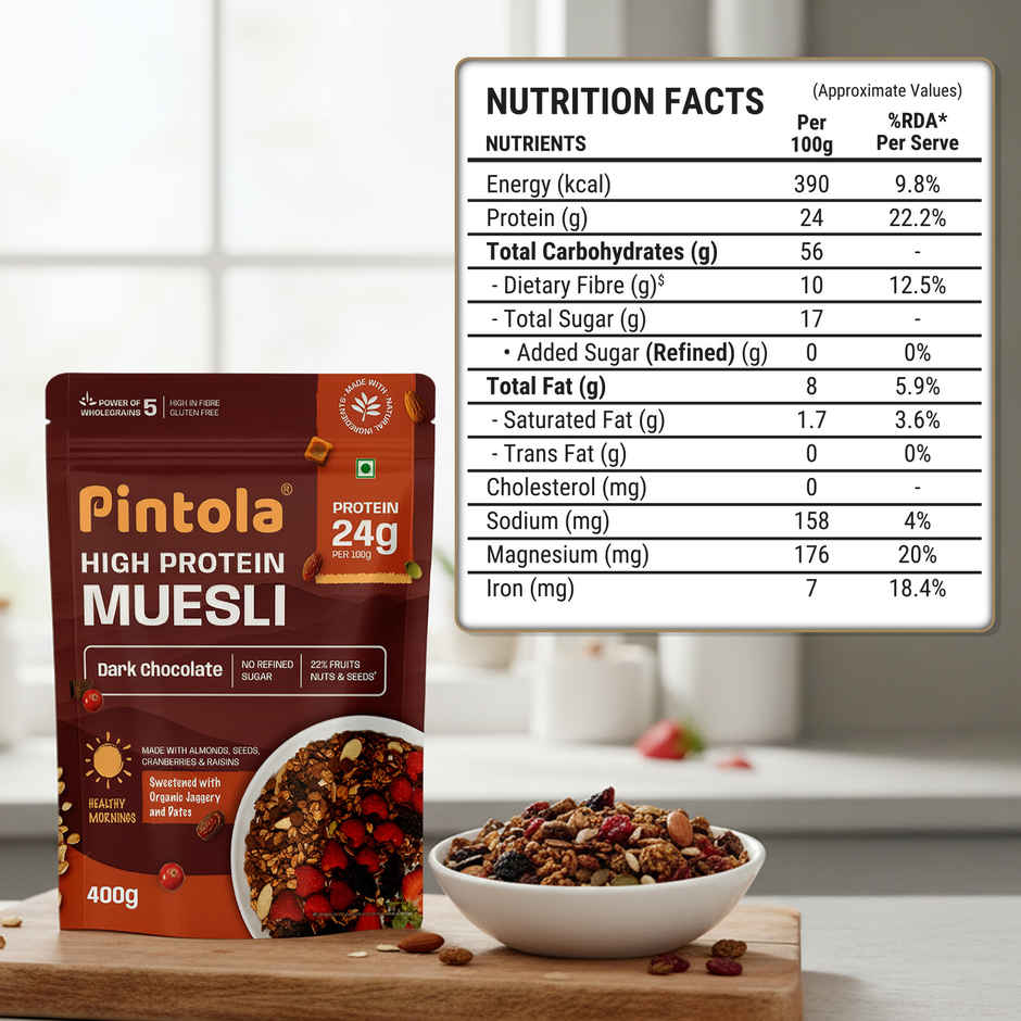 Pintola High Protein Muesli Dark Chocolate & Cranberry, 24 g Protein, High Fibre, Trans Fat Free