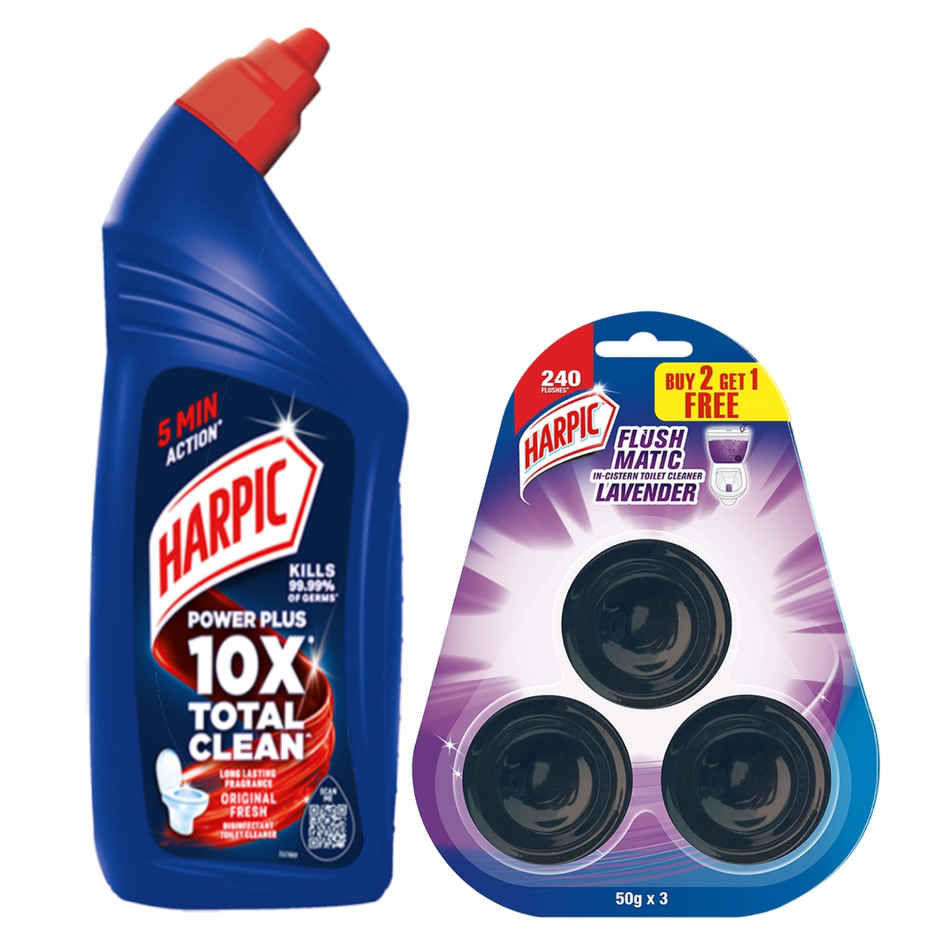 Harpic Disinfectant Toilet Cleaner Liquid Original(1l) & Harpic Flushmatic Toilet Cleaner Blocks- Lavender(150gms) Combo