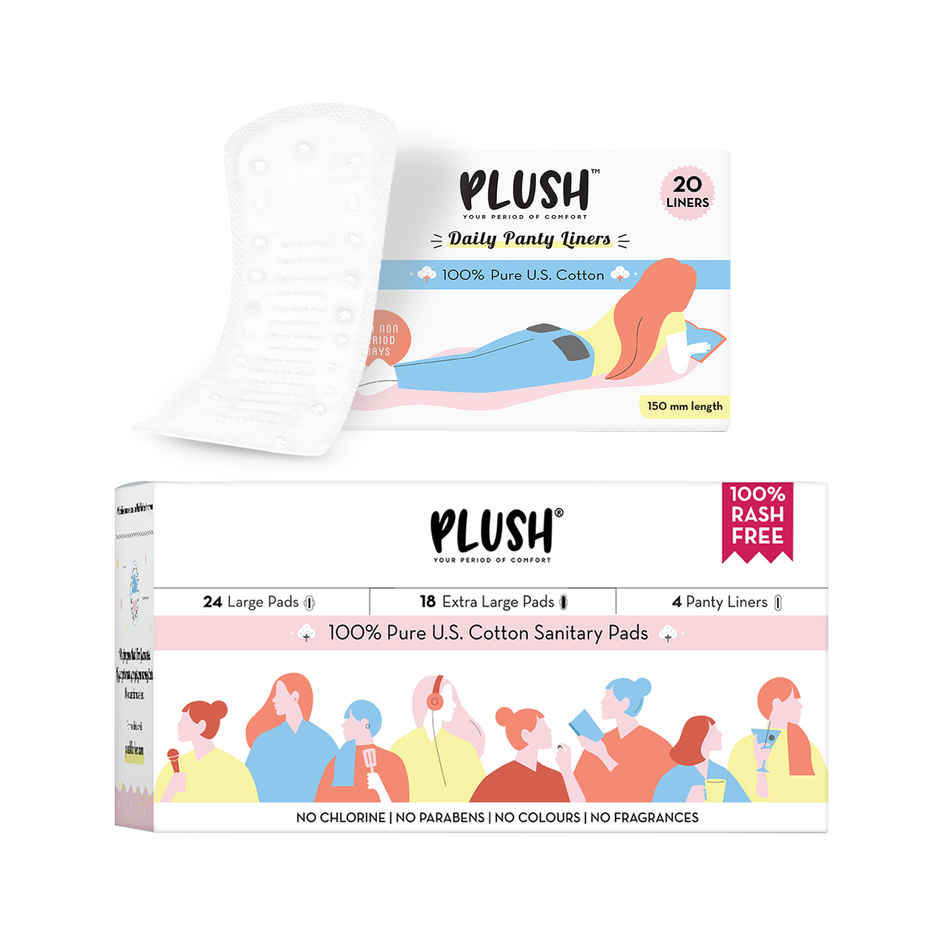 Plush Sanitary Pads (24L+18Xl)(42pc) & Plush 100% Pure Us Cotton Panty Liners(20pc) Combo