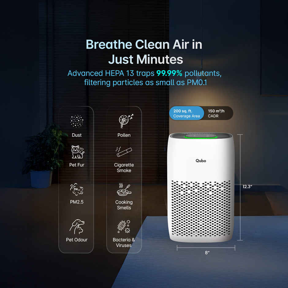 Qubo Smart 38W Air Purifier Q200 for Home by Hero Group | 200 Sqft | 99.99% Allergen Removal | HEPA H13 | 9000 Hrs Filter Life | App & Voice Control(White)