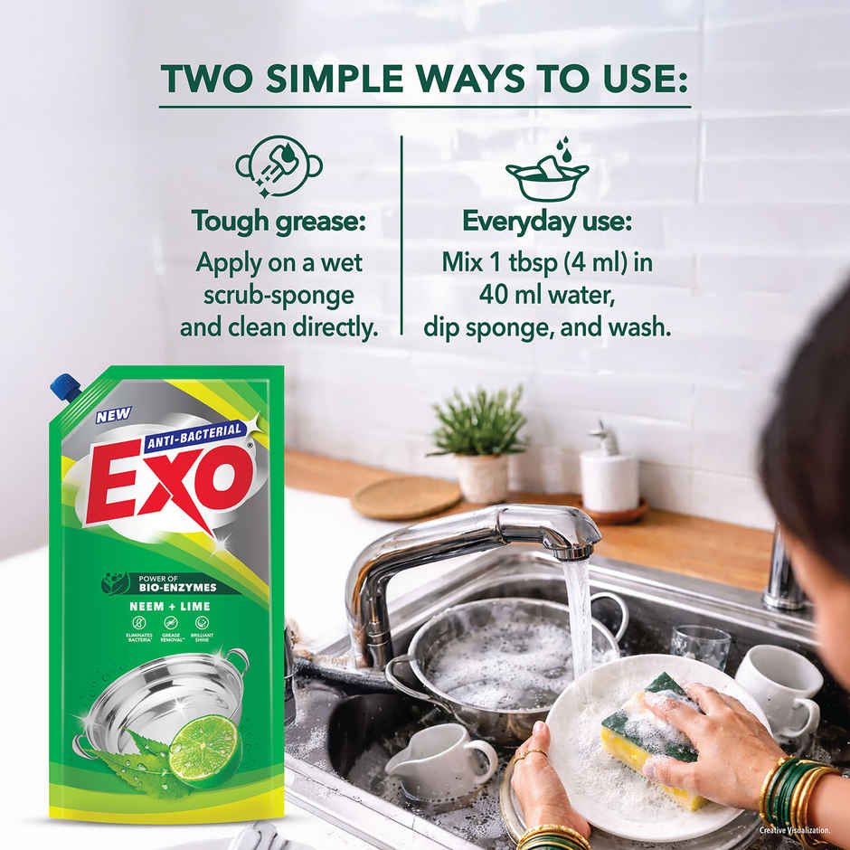 Exo Neem & Lime Anti Bacterial Dishwash Liquid | Tough Grease Removal with Power of Bio-Enzymes