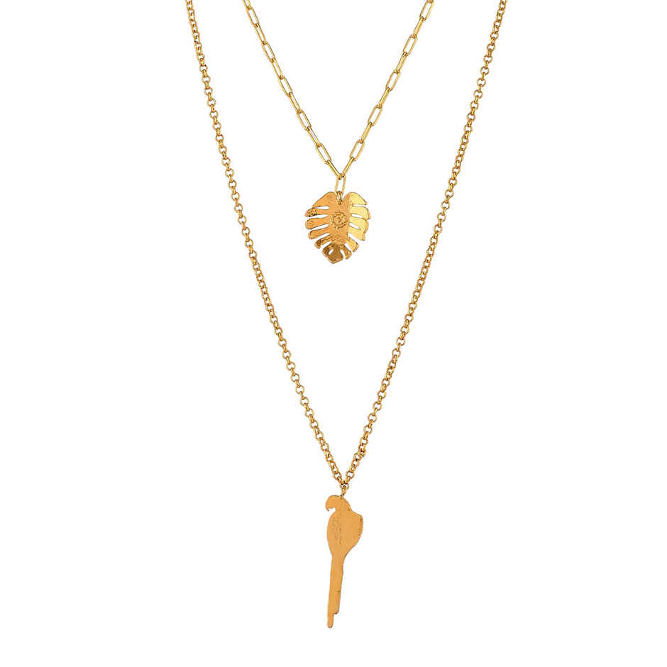 Voylla Hawaii Double-Layered Monstera And Tropical Bird Necklace