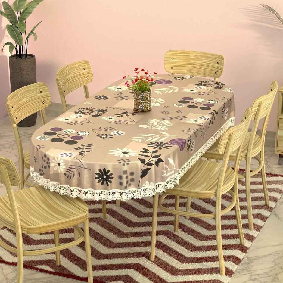 Kuber Industries 60x90 In PVC Oval Dining Table Cover 6 Seater | Flower Circle - Light Brown