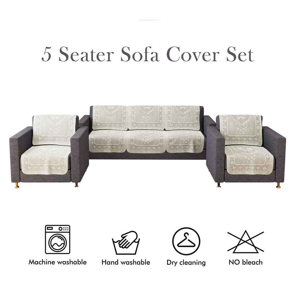 Kuber Industries Cotton Net Floral S-19 Design 5-Seater Sofa Cover for Home Decor|Cream