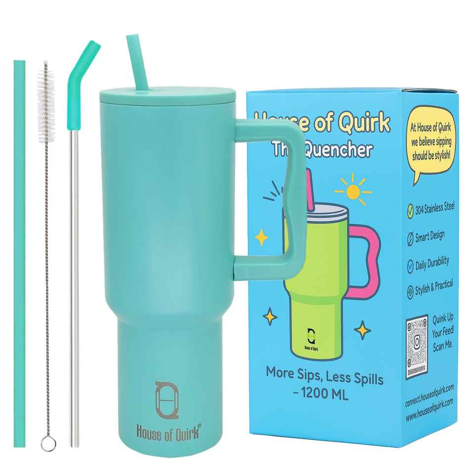 House of Quirk Stainless Steel Tumbler with Handle & Lid, 2 Straws | Terquise - 1200 ml