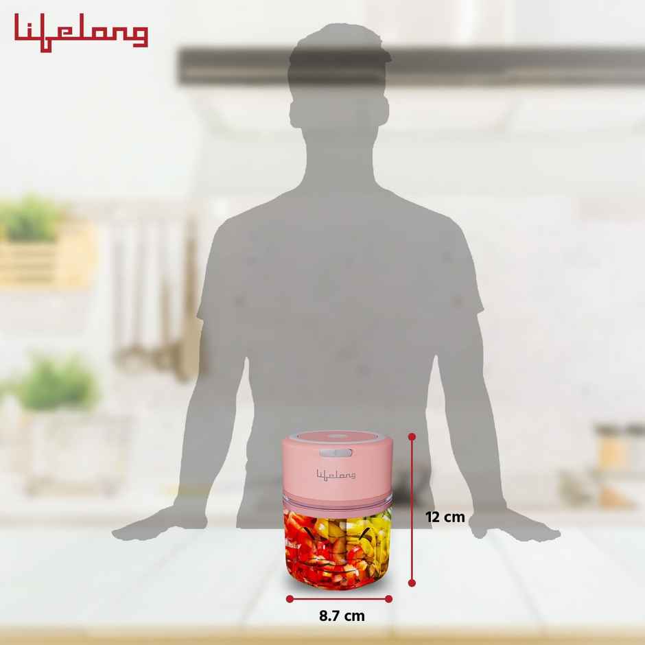 Lifelong LLWC03 (30Watt) USB Rechargeable Wireless Electric Chopper, 250ml, with Stainless Steel Blades for Onion, Garlic, Vegetables, Nuts, Meat - Pink