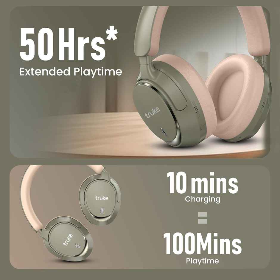 truke Aura Bass headphone w/ 40mm Drivers, 50Hrs playtime, Low Latency, ENC, Deep Bass | Green