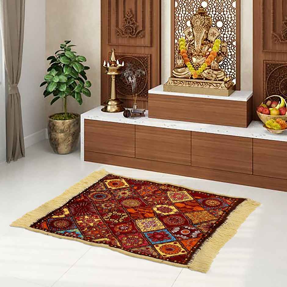 Kuber Industries Prayer Mat|Velvet Aasan Mat|Rangoli Square Prayer Mat|Small|Multicolor