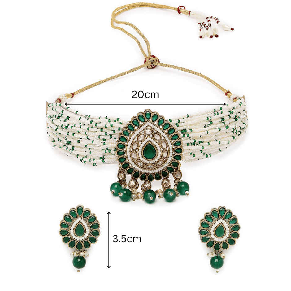 Sukkhi Amazing Gold Plated Green Kundan & Beads Studded Multistrand Choker Necklace Set