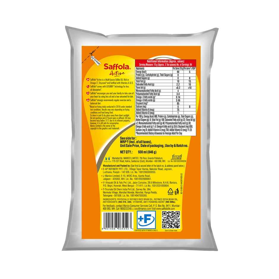 Saffola Active | Rice Bran & Soyabean Multi-source Edible Oil | Less oil absorption | Vitamin A & D