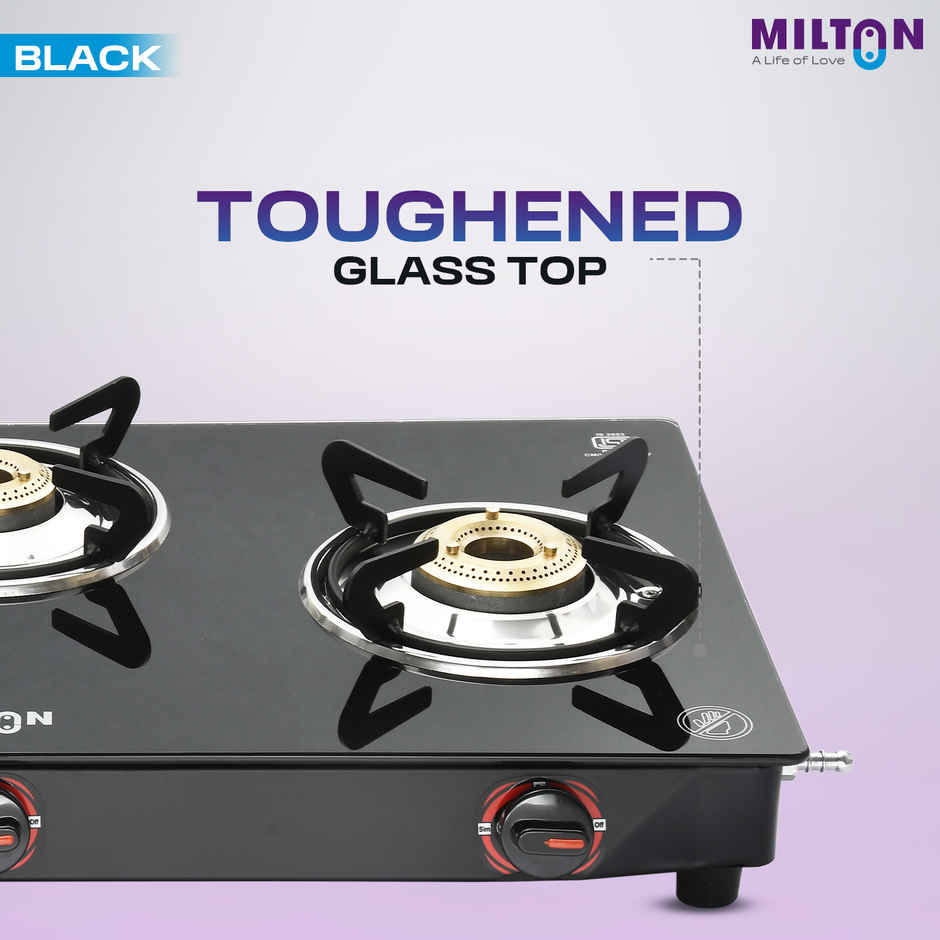 Milton Premium 3 Burner Black Manual Ignition Glass Top Gas Stove | ISI Certified