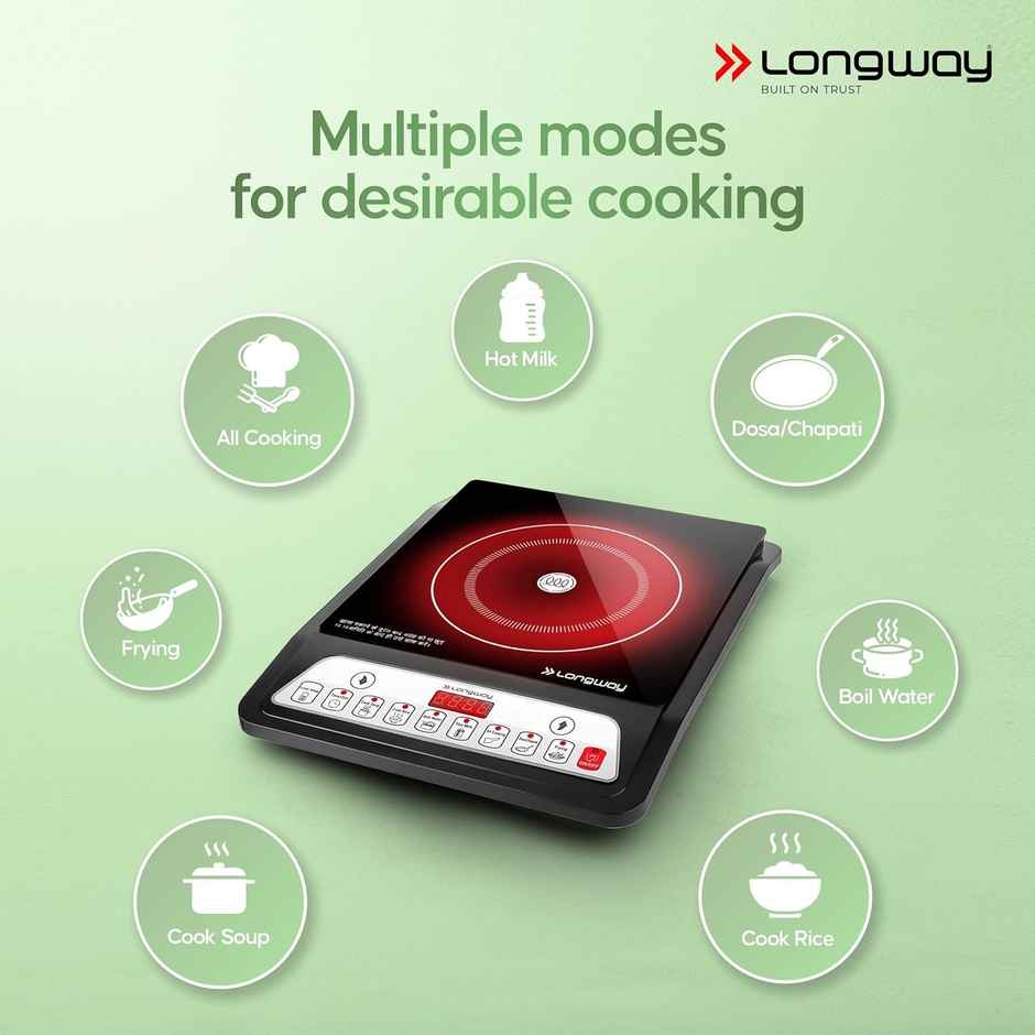 Longway Elite Plus IC 2000 Watt Induction Cooktop with Auto Shut-Off & Over-Heat Protection With 8 Cooking Mode - Black