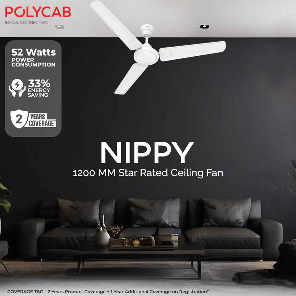 Polycab Nippy Ceiling Fan, 1200mm, Star Rated, 100% Copper, Rust-Proof Blades, Matt White