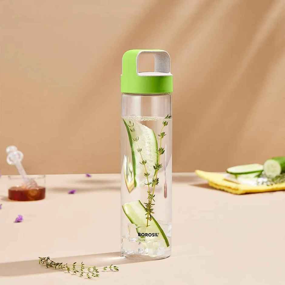Borosil Borosilicate Neo Glass Water Bottle with Green Lid | Transparent | 550 ml
