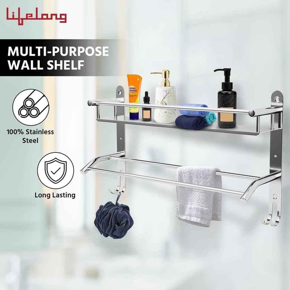 Lifelong Stainless Steel Wall Mounted Bathroom Shelf For Storage-Single Layer Cabinet Towel Holder