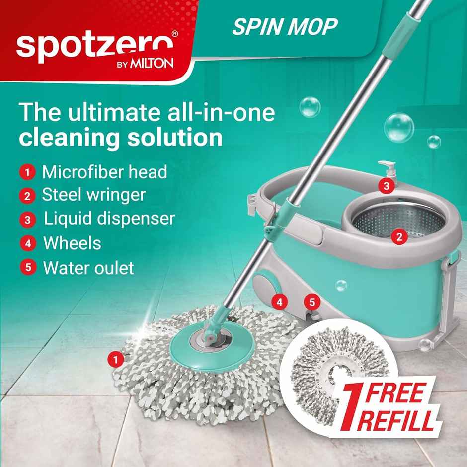 Spotzero By Milton Prime Mop With Big Wheels And Stainless Steel Wringer, (Aqua Green, 2 Refills)