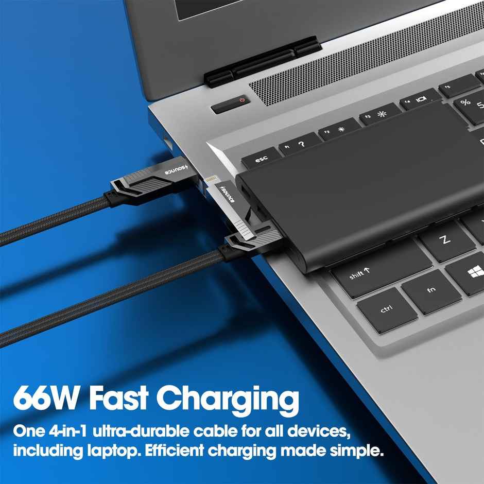 Sounce 4-in-1 Black 66W Metal Flat Braided Fast Charging Cable | 1.5 m, (Black)