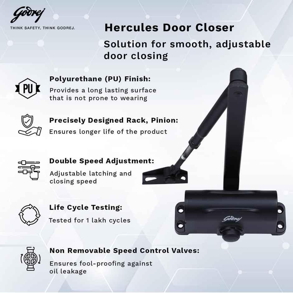 Godrej Hercules Door Closer | Wooden, Aluminum & Metal Doors | 2-Speed | Matte Black Finish