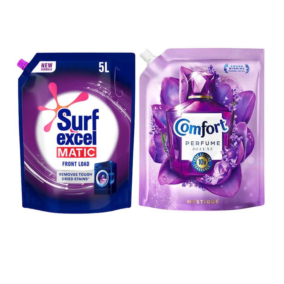 Surf Excel Matic Front Load Detergent Liquid | Pouch (5L) & Comfort Perfume Deluxe Mystique (1.8L) Combo