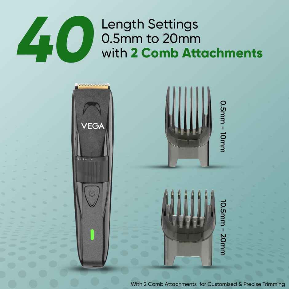 VEGA P-2 Beard Trimmer for Men with 160 Min Runtime, 2 Comb Attachment, Type-C Fast Charging VHTH-26