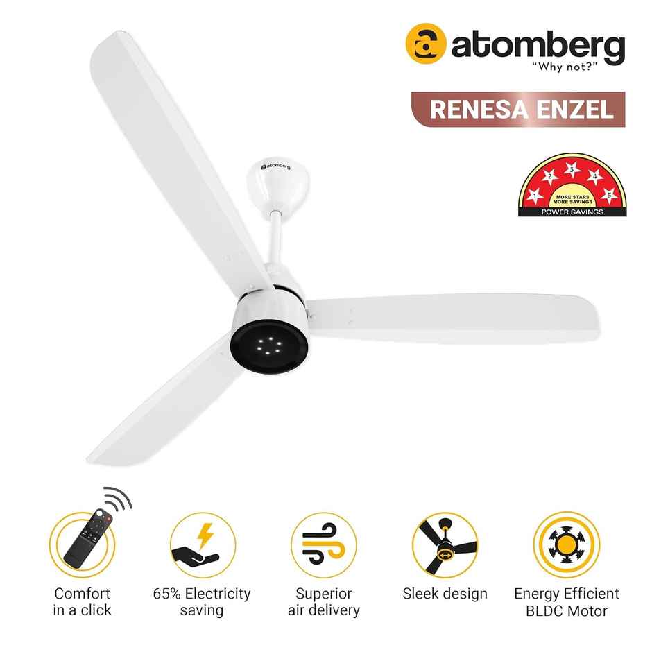 Atomberg Renesa Enzel BLDC Ceiling Fan, 1200mm, Remote Control & LED Indicators, Gloss White