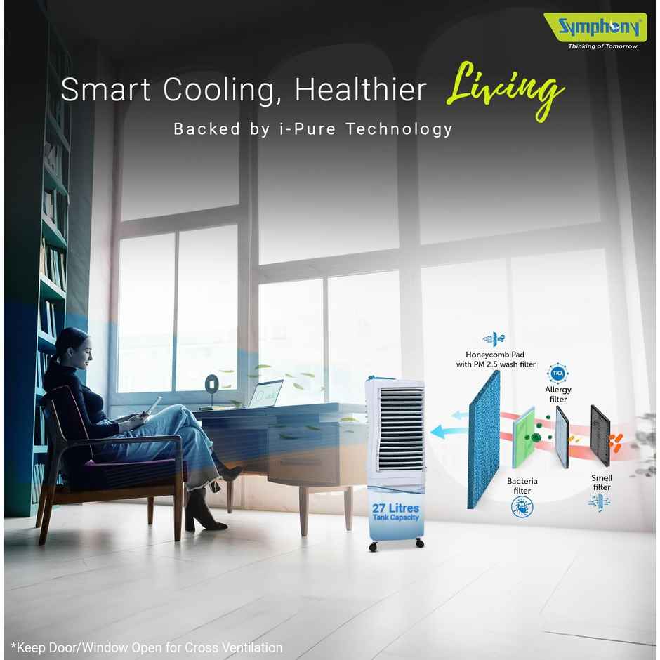 Symphony 27 L Room/Personal Air Cooler White, Blue, Ice Cube 27