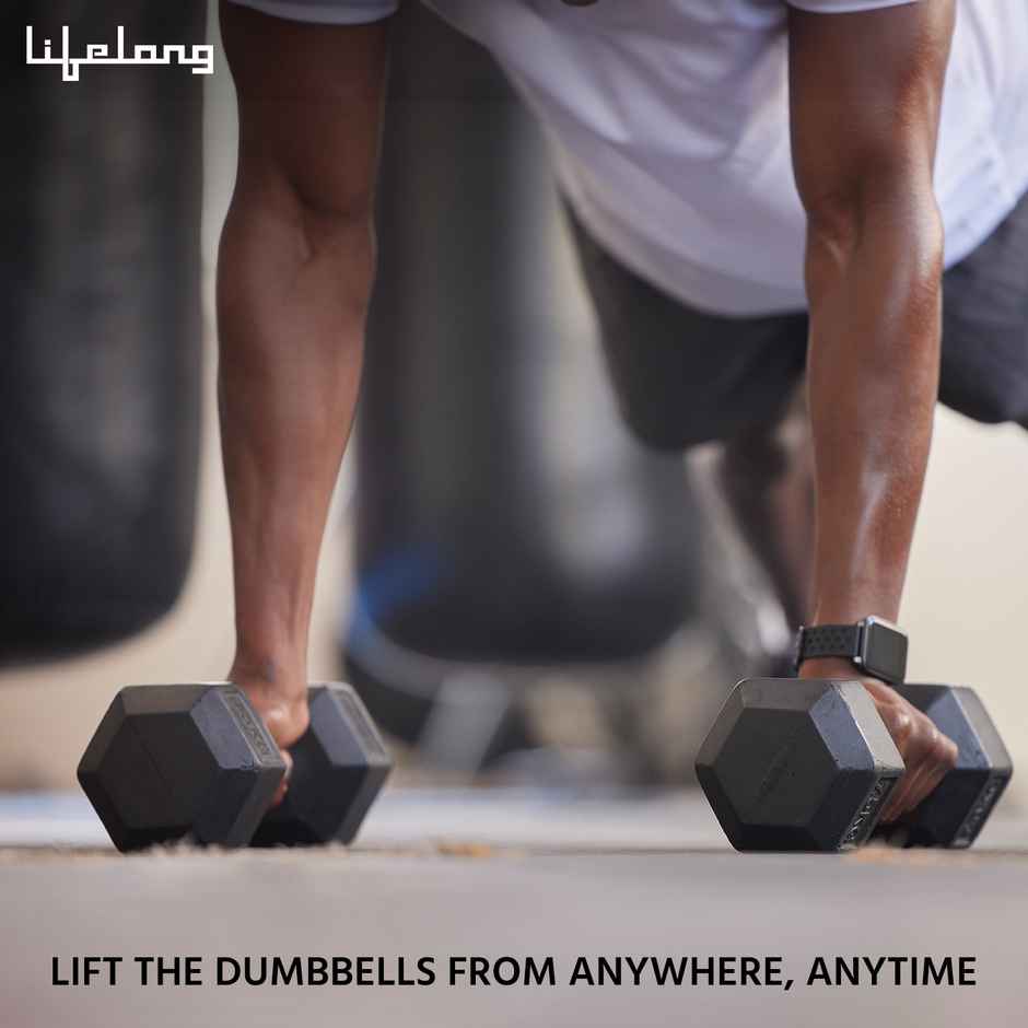 Lifelong Hex Rubber Coated Dumbbell Set (2 kg X 2) | Black | Home Workout | Fitness Barbell