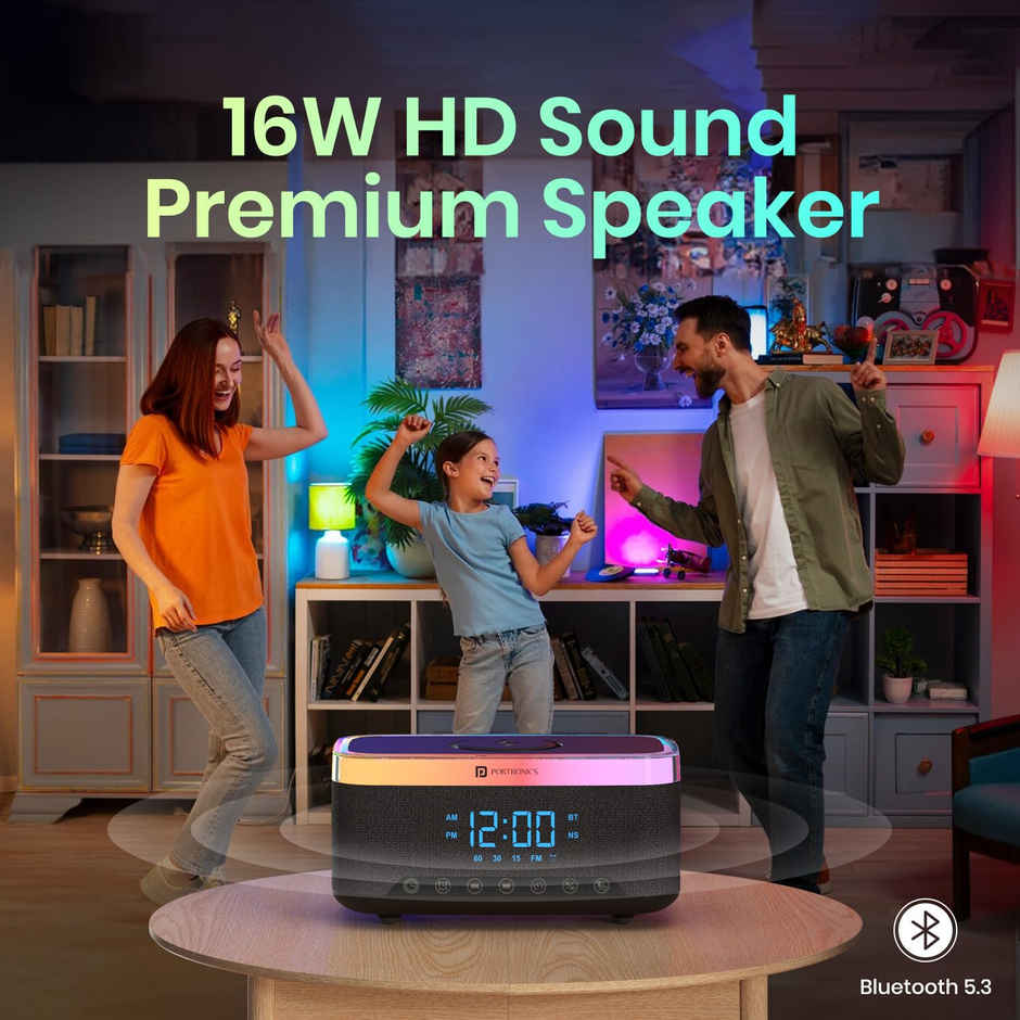 Portronics Trifusion 16W HD Sound Bluetooth Speaker with 15W Wireless Charging | Black