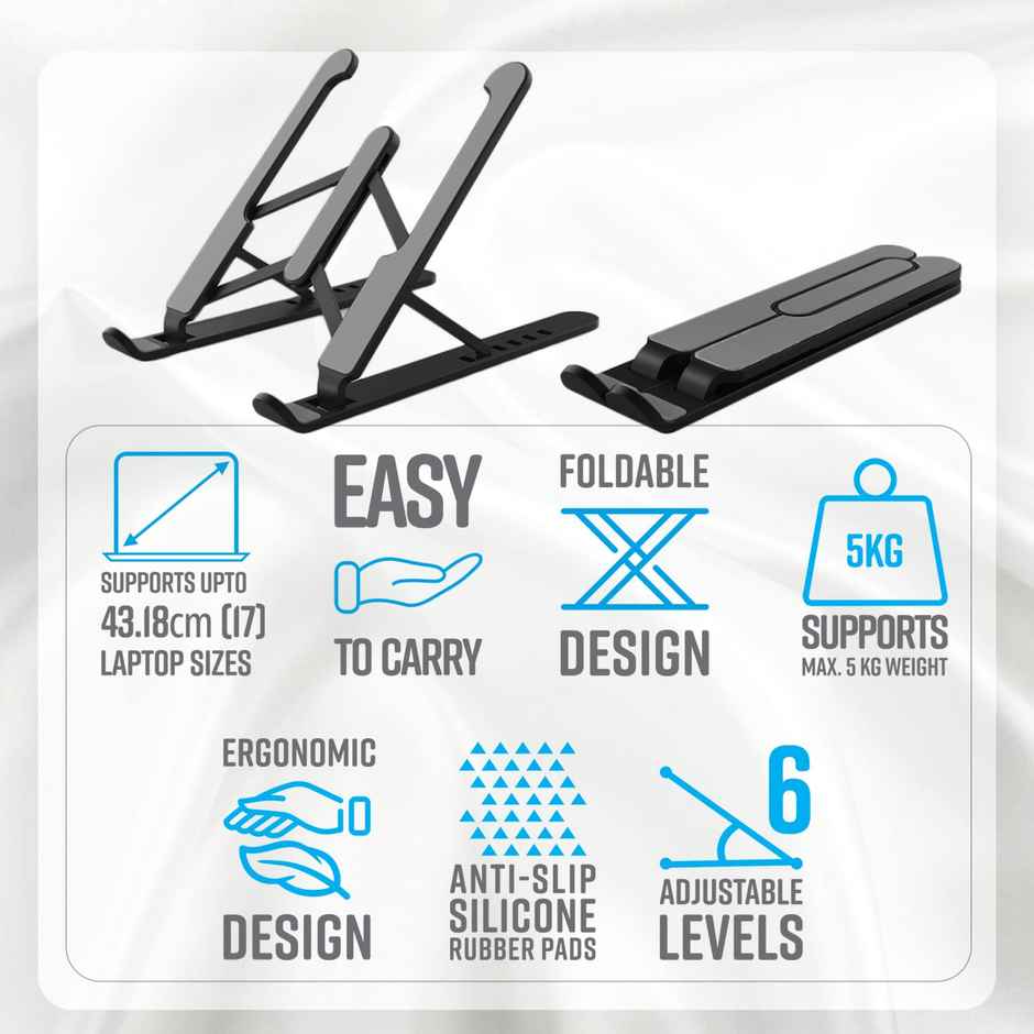 Zebronics -NS1000 Laptop Stand Featuring Foldable Design, Anti-Slip Silicone Rubber Pads, Supports Maximum of 5kgs Weight, 6 Adjustable Levels - Black