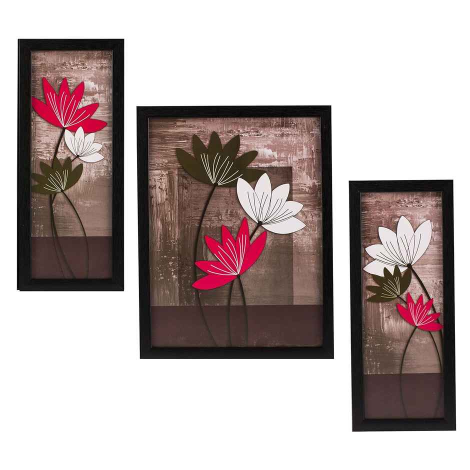 Indianara Set of 3 Multicolored Flowers Framed Art Painting