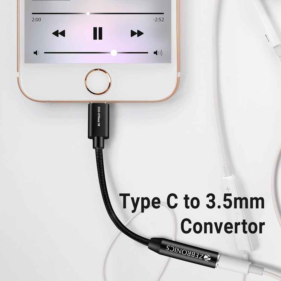 Zebronics CTAux10 Type C to 3.5mm Converter, Built-in DAC Chip, Supports Mic & Audio, Metal Body, Braided Cable, for iPhone 16 series, 15 series, Samsung, Android & Type C Smartphones, Tablets, Laptop - Black