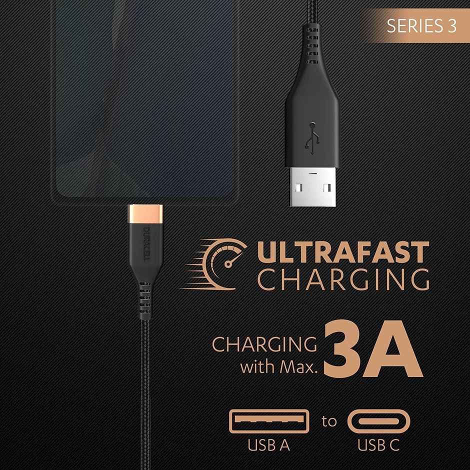 Duracell USB-A To Type C, 65W Braided Sync & Fast Charging Cable, 3.9 Feet (1.2M), QC 2.0/3.0 Ultra Fast Charging, For Samsung, Mi, Realme, OPPO, ONE PLUS, Seamless Data Transmission, Series 3 - Black