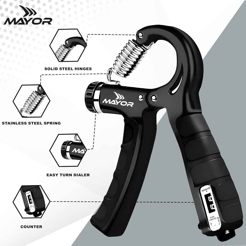 Mayor Adjustable Hand Grip with Counter for Gym Workout | Finger Exercise Hand Gripper | Black