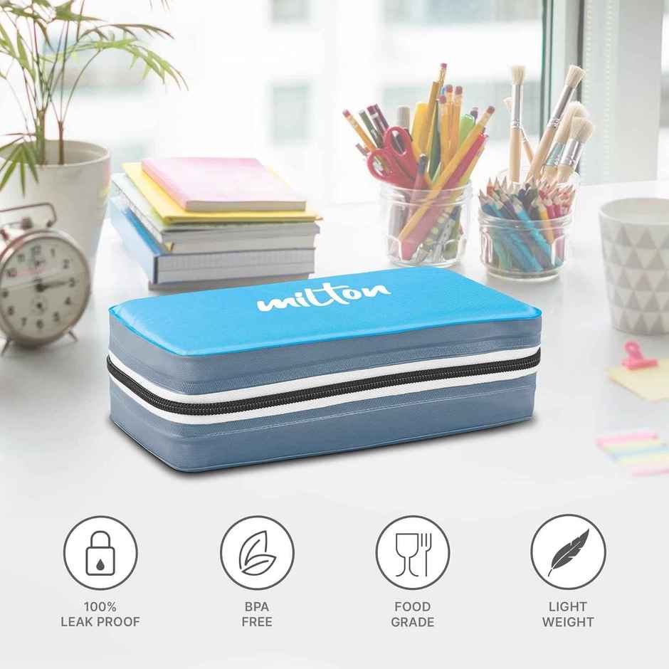 Milton New Mini Stainless Steel Lunch Box | 2 Round Containers | 280 ml Each With Spoon & Fork-Cyan