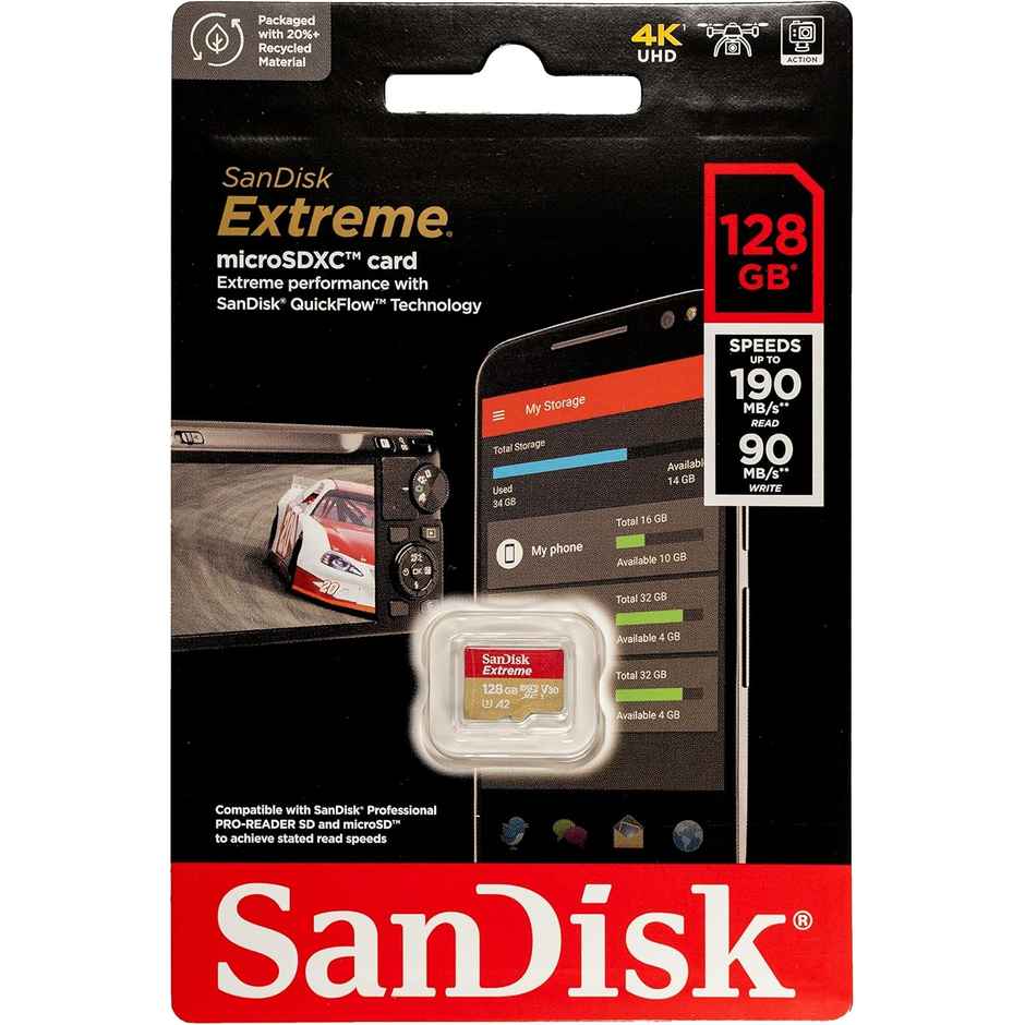 Sandisk Extreme Microsd Uhs I Card 128Gb For 4K Video,190Mb/S Read, 90Mb/S Write