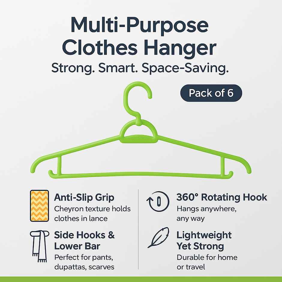 Sinco Elita Plastic Cloth Hanger Rotating Hook - Pack of 6 pcs - Green